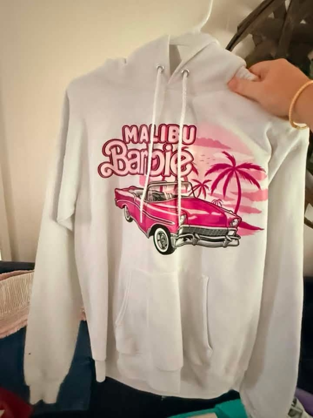 Gildan White Malibu Barbie Pink Graphic Hoodie